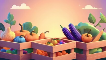 Colorful crates of fresh vegetables and fruits under a vibrant sky, perfect for healthy living and seasonal produce themes.