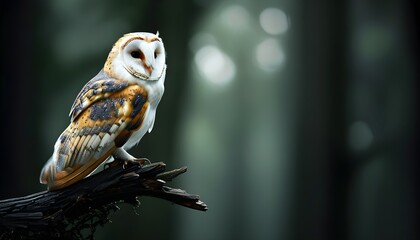 Wall Mural - Mysterious Barn Owl perched silently on a branch amidst the shadows of a dark forest