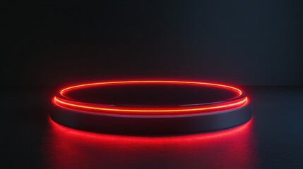 a circular platform podium with red neon light on dark background created with technology