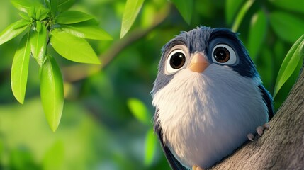 a small bird with big eyes sitting on a tree branch, ai
