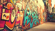 © mai - A graffiti-covered urban wall, showcasing vibrant colors, bold lines, and an edgy, artistic vibe