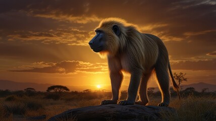 Poster - Baboon at Sunset in the African Savanna