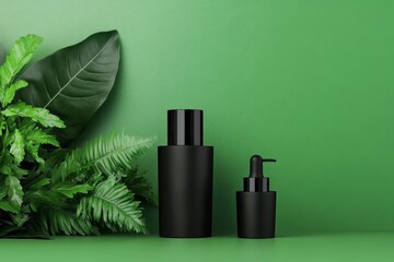 Two sleek black cosmetic bottles beside lush green plants on a vibrant green background, evoking a sense of nature and minimalism.