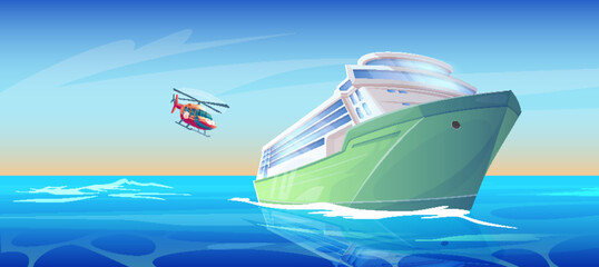 Wall Mural - Helicopter flying up to cruise ship on sea or ocean blue water. Cartoon vector illustration of tropical harbor landscape with large white passenger liner. Nautical and aerial transport on sunny day.