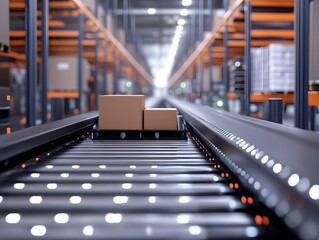 Poster - A close-up view of packages on a conveyor belt in a modern warehouse, showcasing efficient logistics and automated transportation.