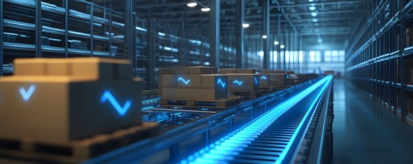 Poster - Modern warehouse with conveyor belt, transporting packages in a well-lit environment, showcasing logistics efficiency and technology.