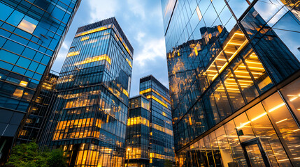 Wall Mural - From below entrance of the office building next to contemporary high-rise structures Modern skyscrapers with glass mirrored walls and illuminated lights in City against cloud blue sky background.