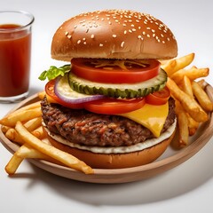 Delicious single Burger with French fries, cheese tomato fried Served, yummy burger with grilled meat topped with vegetables sliced cheese fresh