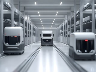 Poster - Automated robots navigating through a modern warehouse, showcasing advanced technology in logistics and inventory management.