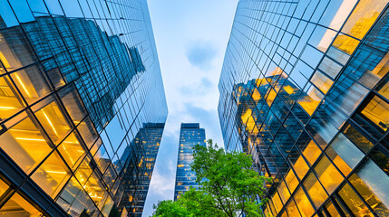 Wall Mural - From below entrance of the office building next to contemporary high-rise structures Modern skyscrapers with glass mirrored walls and illuminated lights in City against cloud blue sky background.