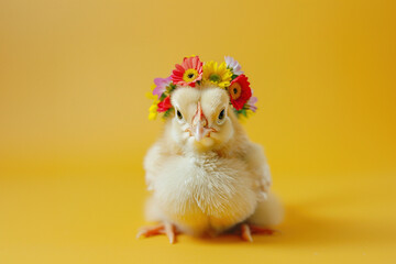 Cute serious newborn chicken bird with flower crown on yellow isolated background. Easter celebration concept. Copy paste empty place for text