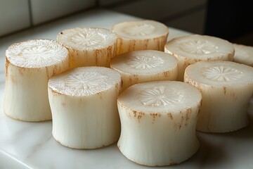 Wall Mural - Sliced Daikon Radish on a White Marble Board