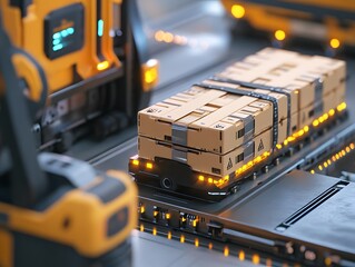 Poster - A close-up view of automated robotic technology transporting cargo boxes in a modern facility.
