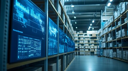 Fototapete - Modern warehouse with digital screens displaying data analytics and inventory management in an organized storage environment.