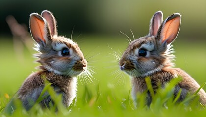 Adorable close-up of playful rabbits in a sunlit meadow