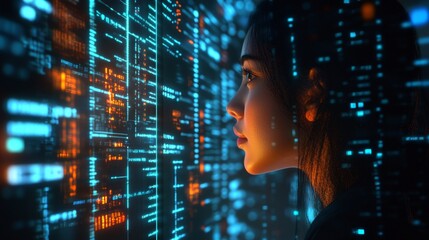 Aufkleber - Focused Woman Programmer with AI Code. Hologram and Digital Software for Cybersecurity and Website Development at Night