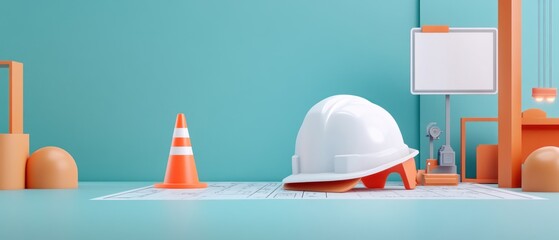 Wall Mural - A white engineer's hard hat, an orange traffic cone, and a blueprint represent construction planning, with safety prioritized first in every step of the project.