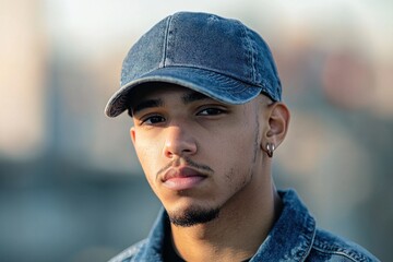 Portrait of a young handsome trendy man wearing a cap of blue jeans color