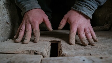 Poster - A man with dirty hands digging into a hole in the ground, AI