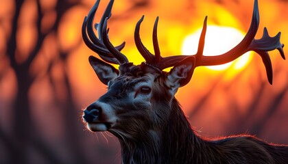 Wall Mural - Majestic red deer stag basking in the golden light of sunrise