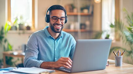 A smiling young man in headphones and glasses sits at a desk working on a laptop and making notes. Happy males in earphones watch webinars or training courses or computers and study online from home.