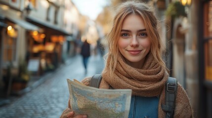 Smiling Traveler With Map in European City