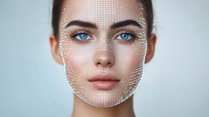 the focus is on a woman with striking blue eyes, her face adorned with a digital overlay that symbol