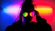 © angel_nt - Under a neon-lit background, an individual stands with stylish sunglasses, creating a striking silhouette that highlights the vivid colors and urban artistic flair of the moment