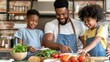 © angel_nt - A joyful father engages his kids in cooking, showing them how to chop vegetables and prepare a nutritious meal in a warm, inviting kitchen setting
