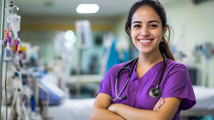 Female nurse in scrubs smiling with arms crossed portrait of a beautiful young woman doctor wearing a purple uniform and stethoscope working on a hospital background.