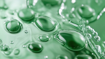 Poster - Droplets of green liquid cluster together, reflecting light and creating a mesmerizing effect. The vivid color contrasts with the background, emphasizing the unique formations of bubbles