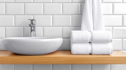 Canvas Print - A bathroom sink with white tiled walls and a wooden shelf, AI