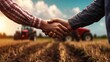 © Johannes - agribusiness handshake business deal agreement between businessman and farmer, purchase sell tractor farm machinery equipment, partnership cooperation collaboration in agriculture business.