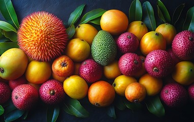 Wall Mural - A vibrant assortment of tropical fruits arranged with leaves.