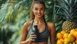© Aquarii - A fit woman holding a water bottle surrounded by fresh fruits in a tropical setting, promoting a healthy lifestyle and nutrition.