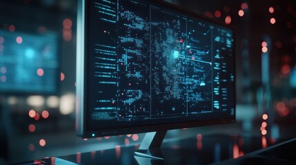 Poster - An encrypted blockchain network visualized on a monitor with secure nodes representing individual patient records emphasizing the high level of data confidentiality and security