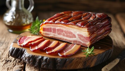 Artisanal whole smoked slab bacon closeup showcased on a rustic wooden board