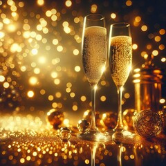 golden bokeh glitters background with two champagne glasses and one champagne bottle