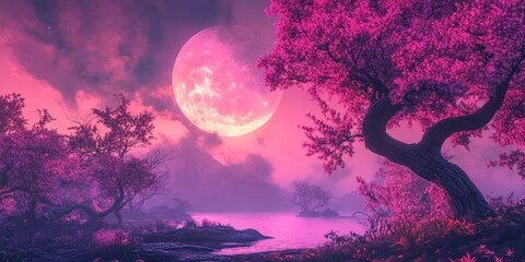 Poster - Pink Moon Rising Over Purple Forest