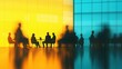 © Johannes - Blurred silhouette of office employees in a blue and yellow color business building. Generative ai.