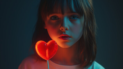 A girl is holding a heart-shaped lollipop. The image has a sad and melancholic mood