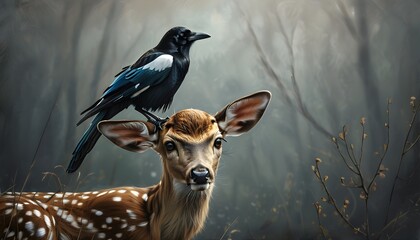 Majestic fallow deer stag with a perched magpie atop its head in a serene natural setting