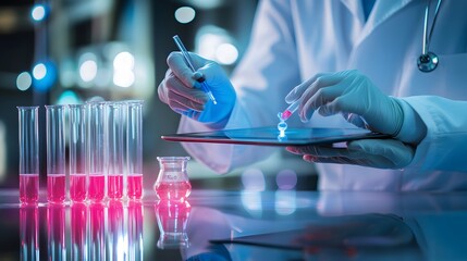 Poster - Scientist in a Lab Holding a Test Tube Over a Tablet