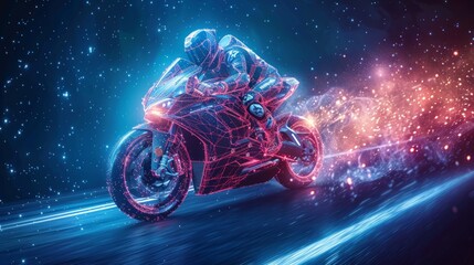 Abstract image of a motorcycle racing in the form of a starry sky or space, consisting of points, lines, and shapes in the form of planets, stars and the universe. Vector wireframe concept. 