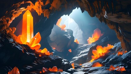 Vibrant orange crystals illuminating a cave, beckoning exploration of rugged terrain and adventurous journeys