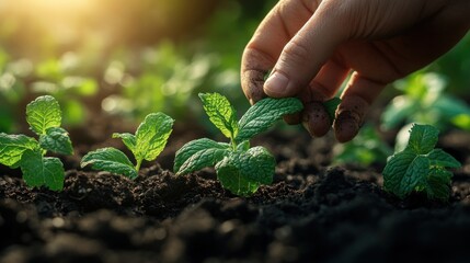 Poster - Close Up of a Hand Tending to Young Mint Plants