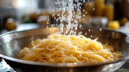 Wall Mural - Rinsing Cooked Spaghetti in a Colander