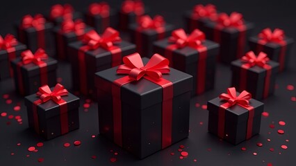 Wall Mural - black gift 3d boxes with red neon bow. rel ribbon, glowing present box, retail promotions, discount 