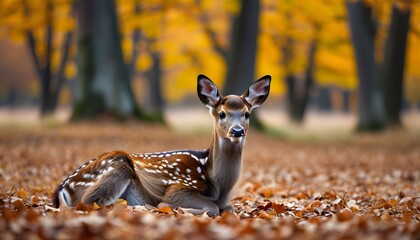 Majestic fallow deer stag resting in vibrant autumn landscape