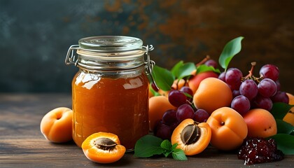 Poster - Homemade apricot jam in a glass jar with fresh apricots on a rustic brown table